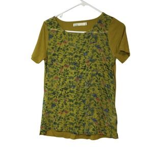 Hi-Line Floral Print Top Olive Green Short‎ Sleeve Casual Top Size S (299)